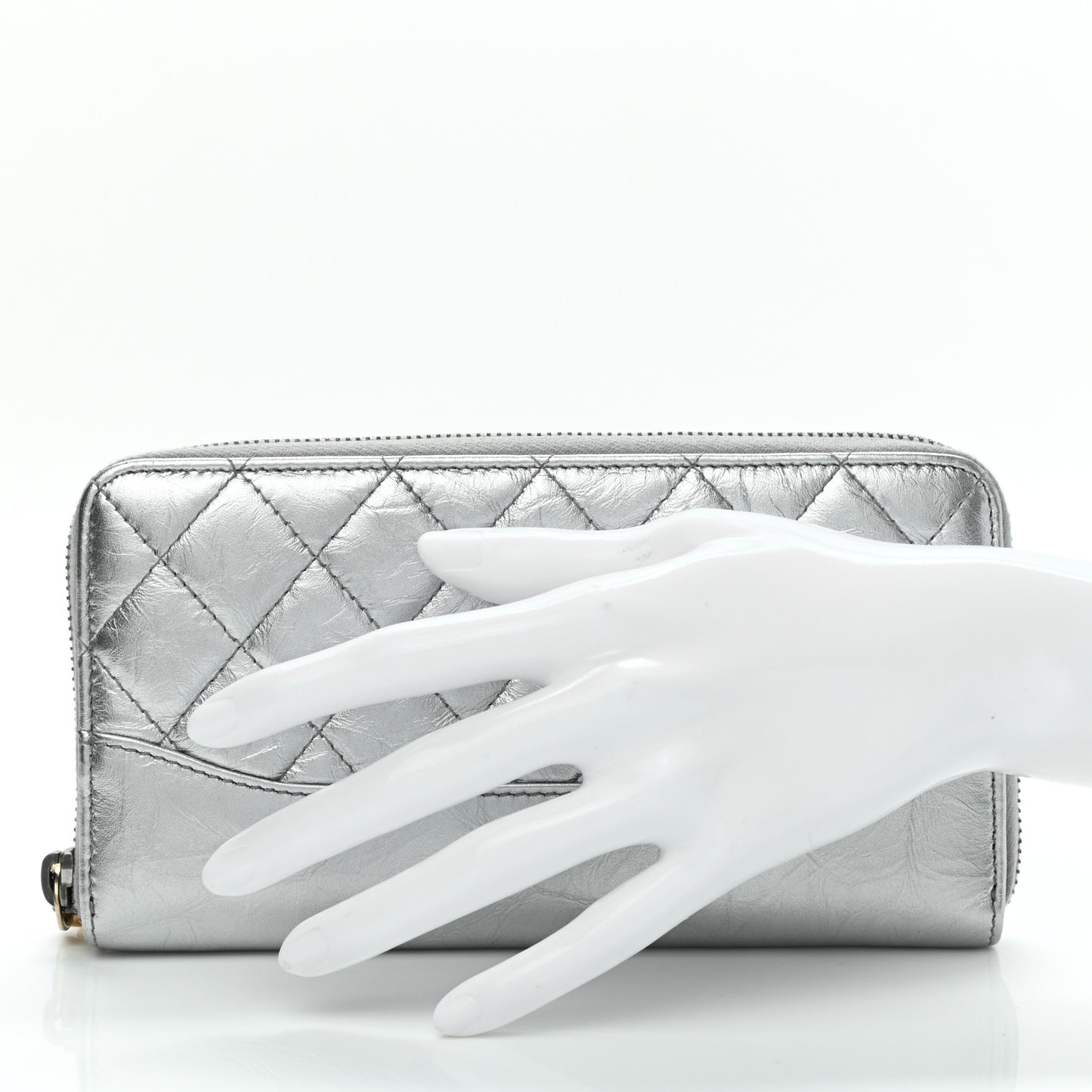 Metallic Aged Calfskin Quilted Large Gabrielle Zip Around Wallet Silver