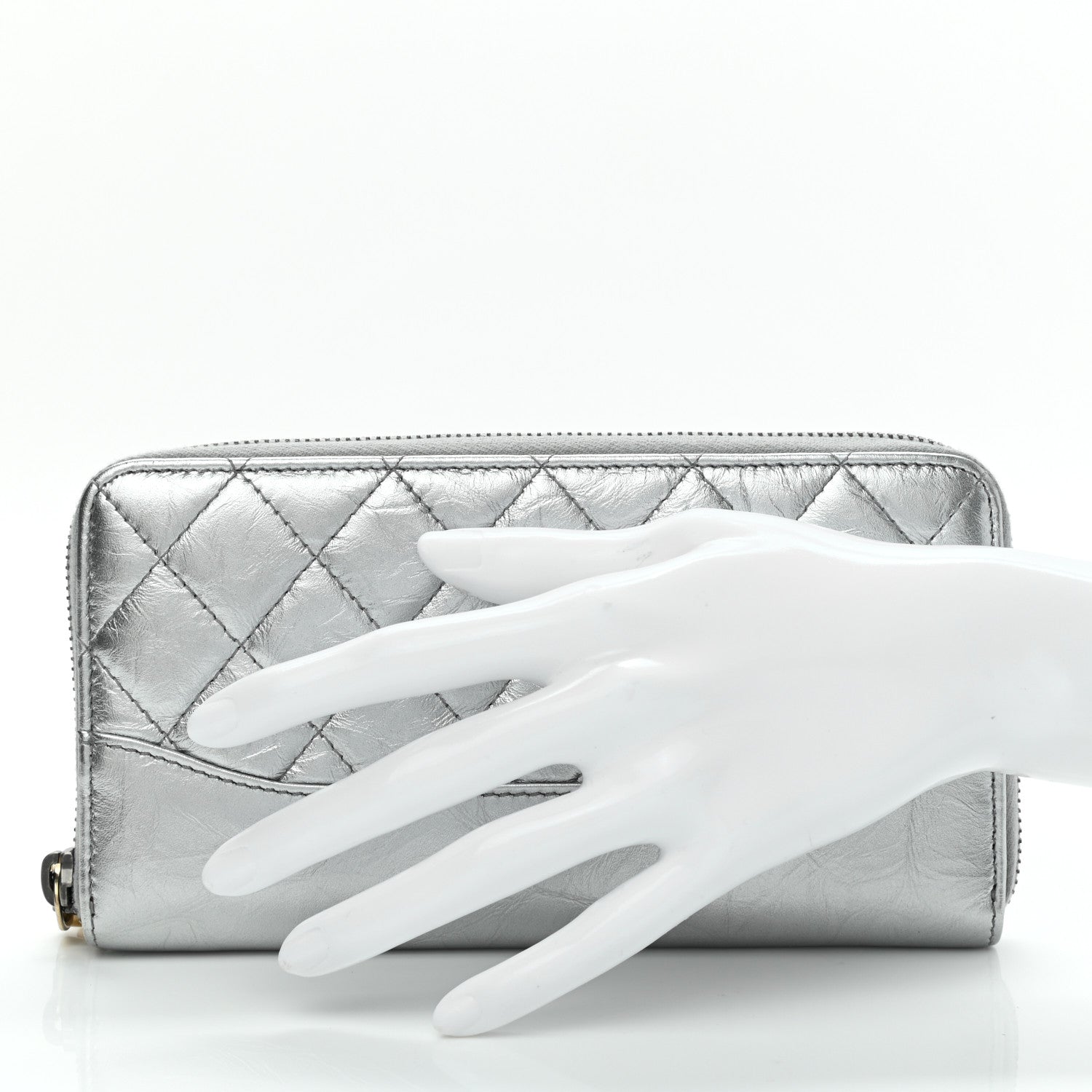 Chanel Metallic Aged Calfskin Quilted Large Gabrielle Zip Around Wallet Silver 2 of 8