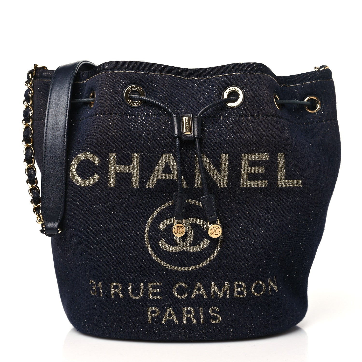 Chanel Lurex Canvas Deauville Drawstring Bucket Bag Navy Blue Gold 8 of 10
