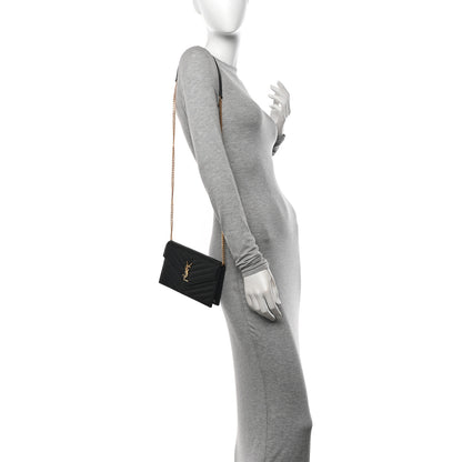 Saint Laurent Grain De Poudre Matelasse Chevron Monogram Envelope Chain Wallet Black 2 of 10