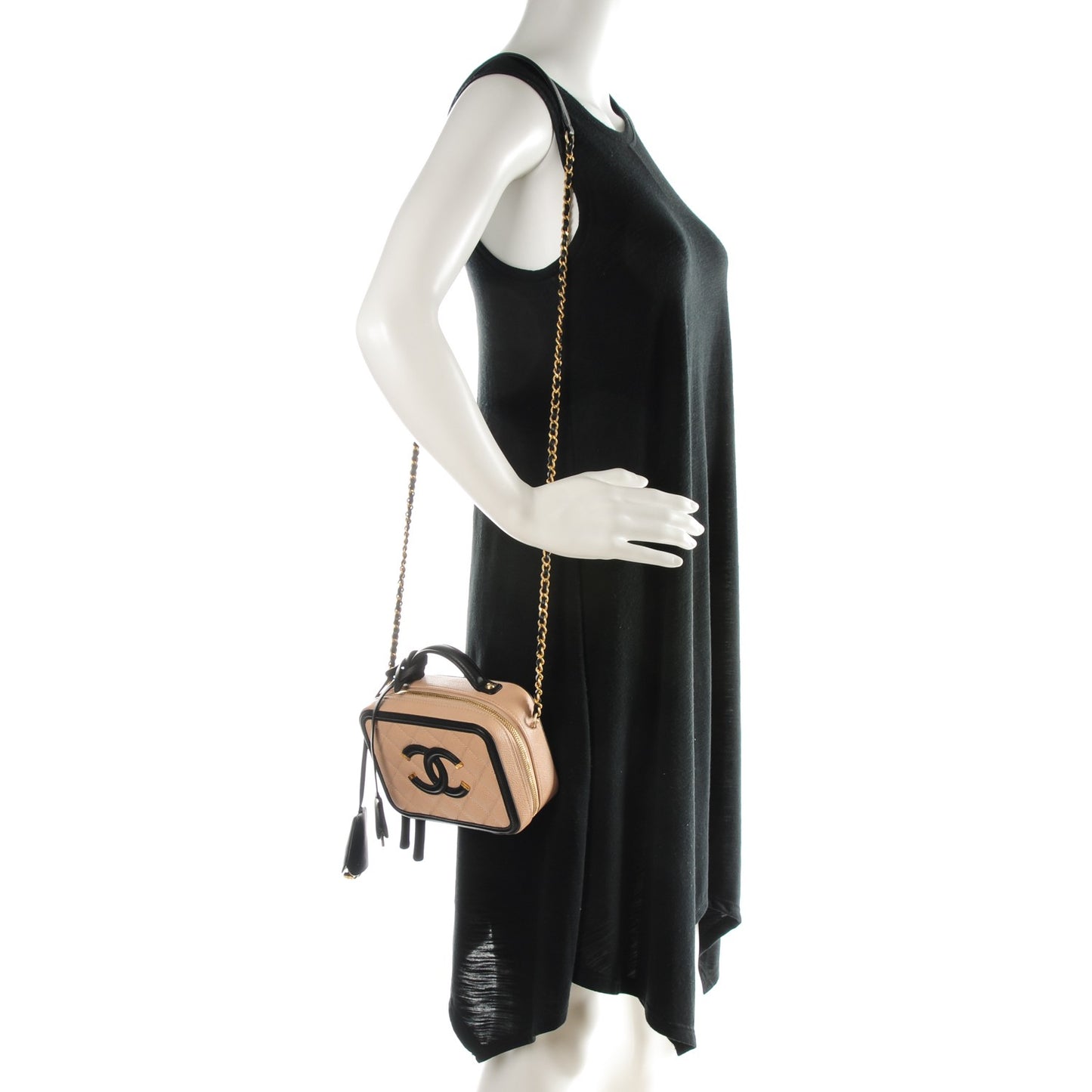 Caviar Quilted Small CC Filigree Vanity Case Beige Black