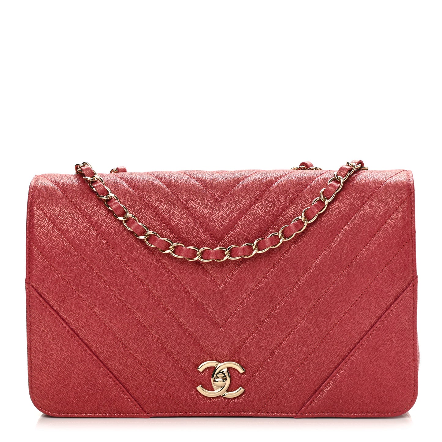 Metallic Caviar Chevron Quilted Medium Statement Flap Dark Pink