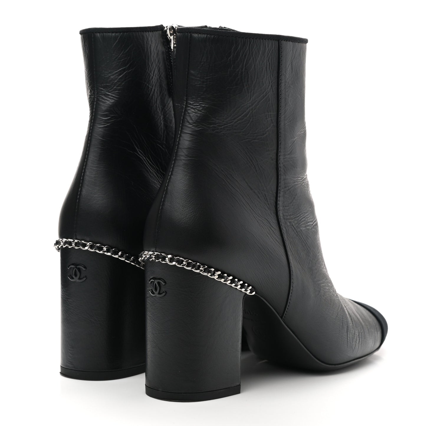 Crumpled Calfskin Cap Toe Chain Short Boots 37.5 Black