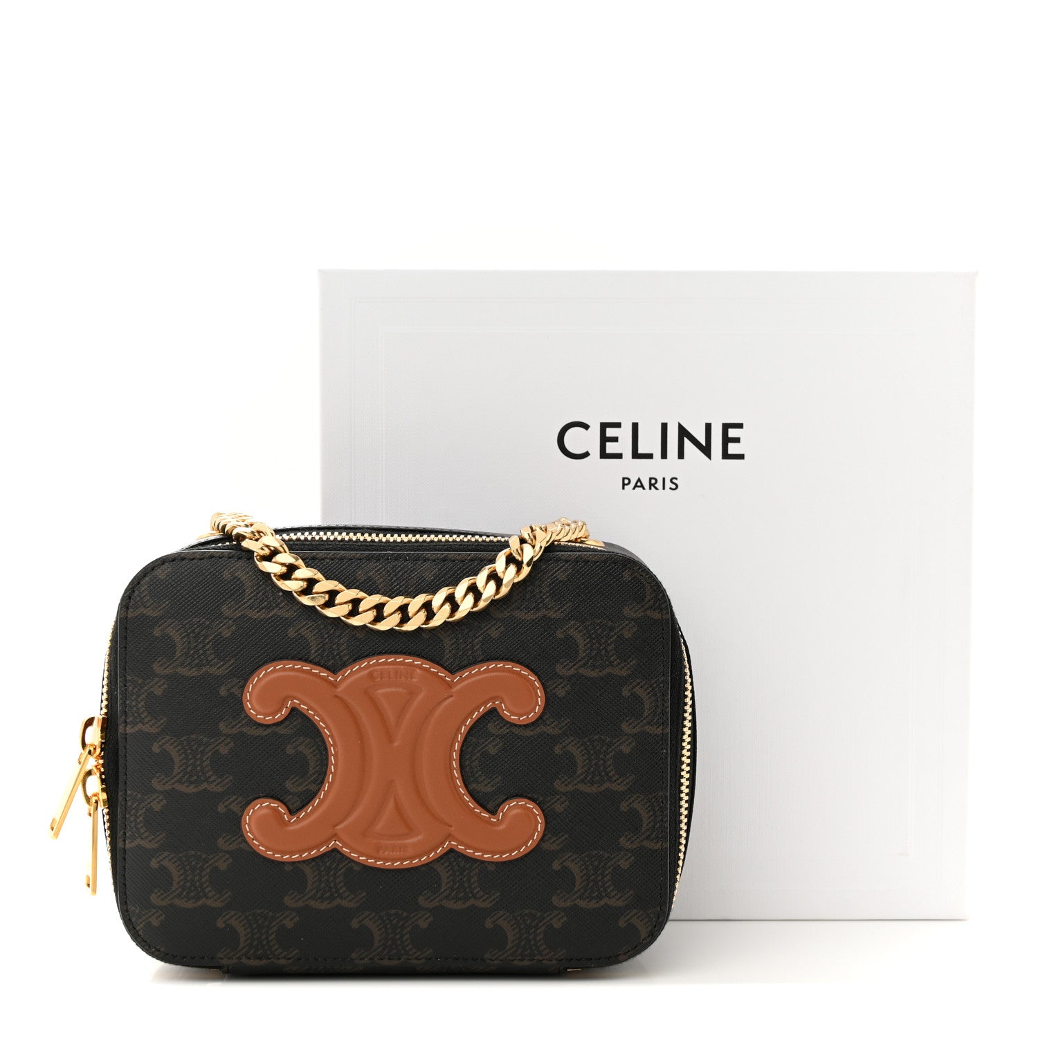 Celine Triomphe Canvas Calfskin Cuir Box On Chain Tan 11 of 11