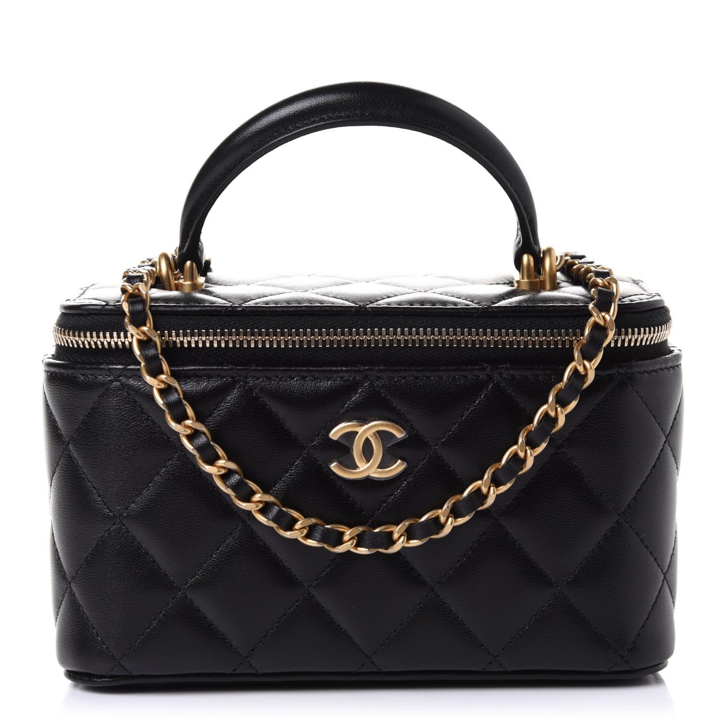 Lambskin Quilted Small Top Handle Vanity Case With Chain Black