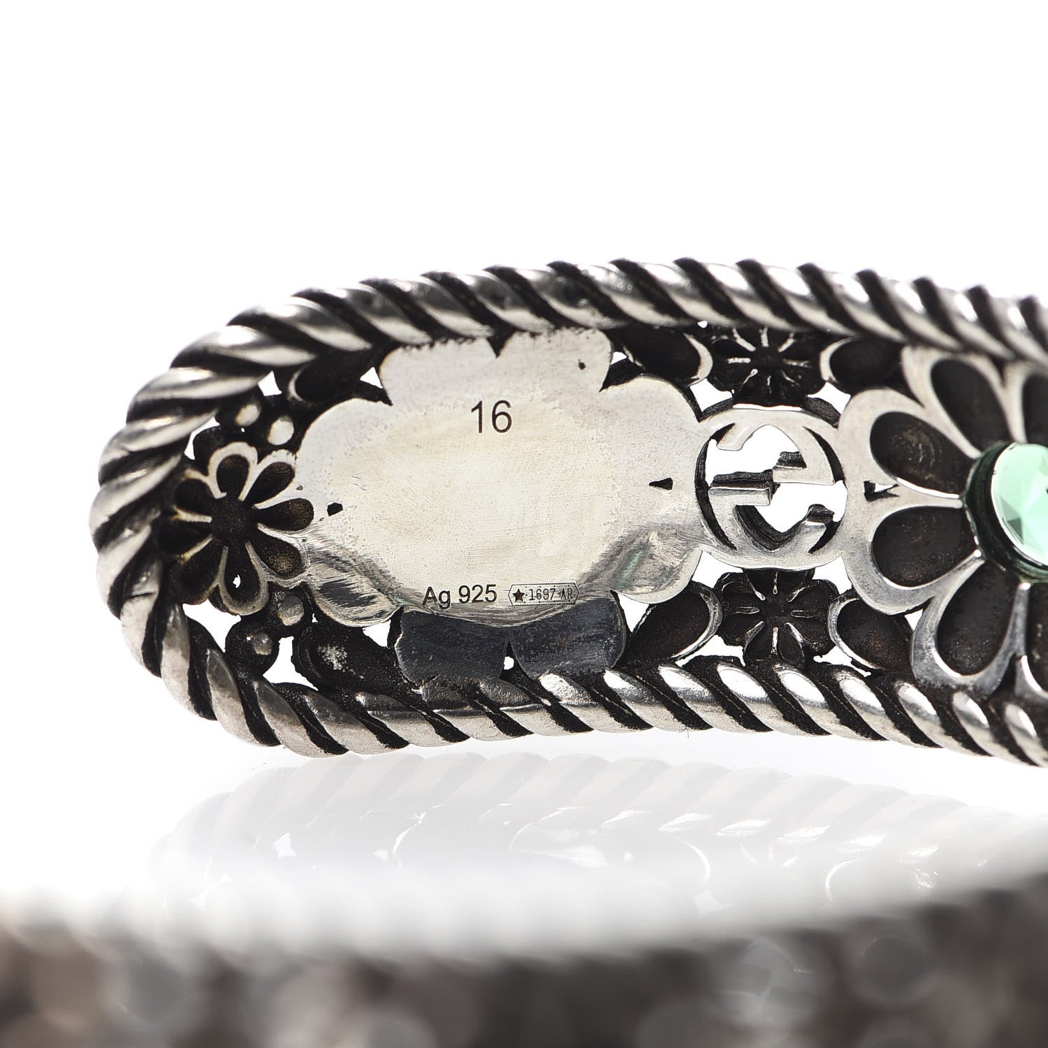 Gucci Sterling Silver Crystal Garden Interlocking G Cuff Bracelet Green 5 of 5