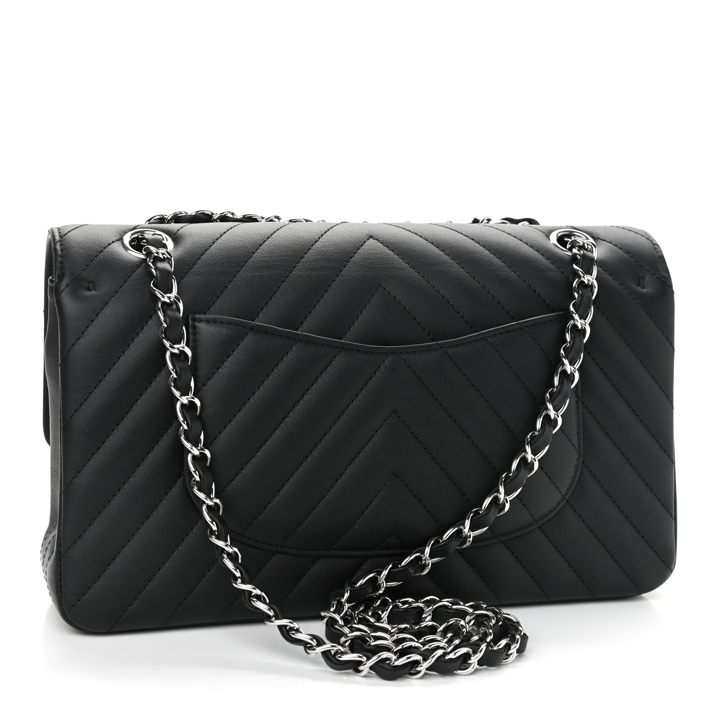 Calfskin Chevron Quilted Medium Double Flap Black