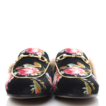 Gucci Velvet Fur Floral Womens Princetown Slippers 36.5 Black 2 of 10