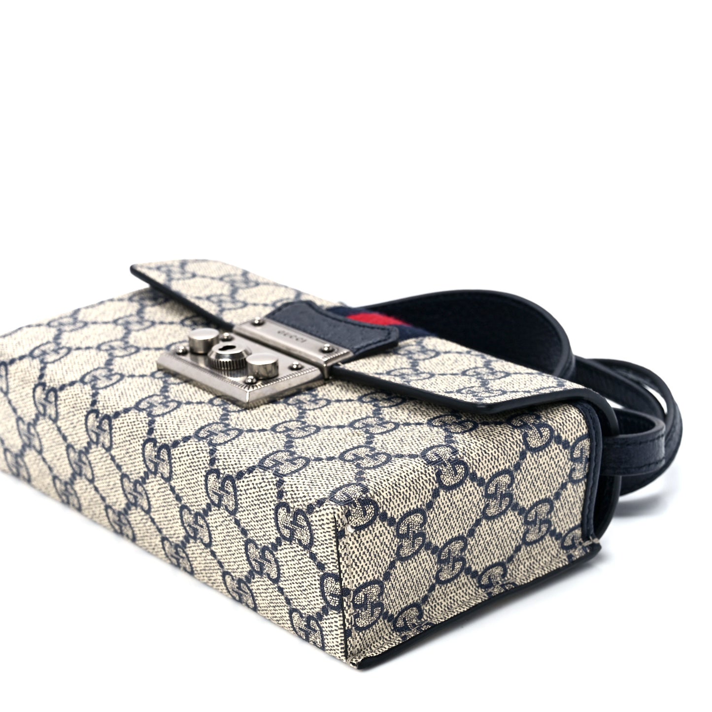 GG Supreme Monogram Textured Dollar Calfskin Web Mini Padlock Top Handle Shoulder Bag Beige Blue