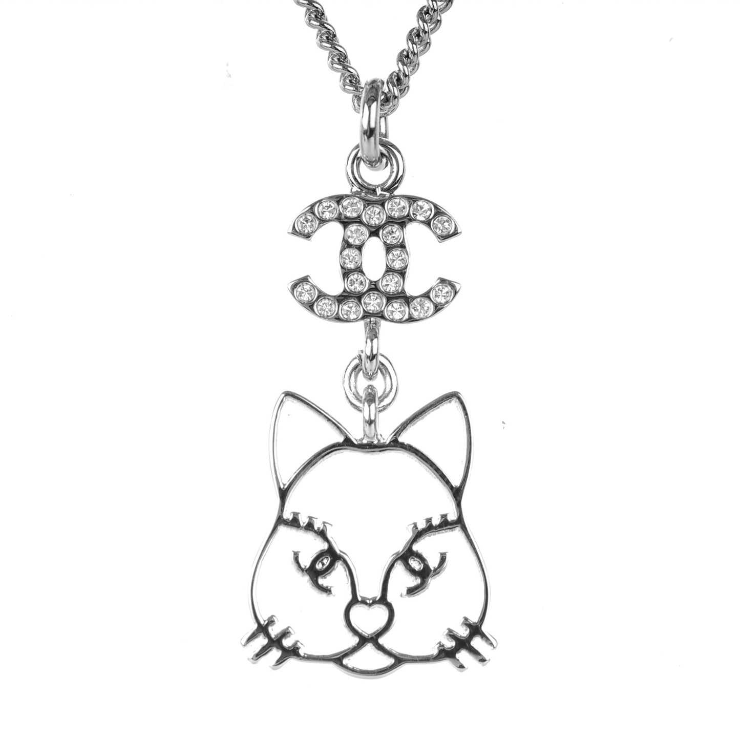 Crystal Emoji Choupette Cat Pendant Necklace Silver