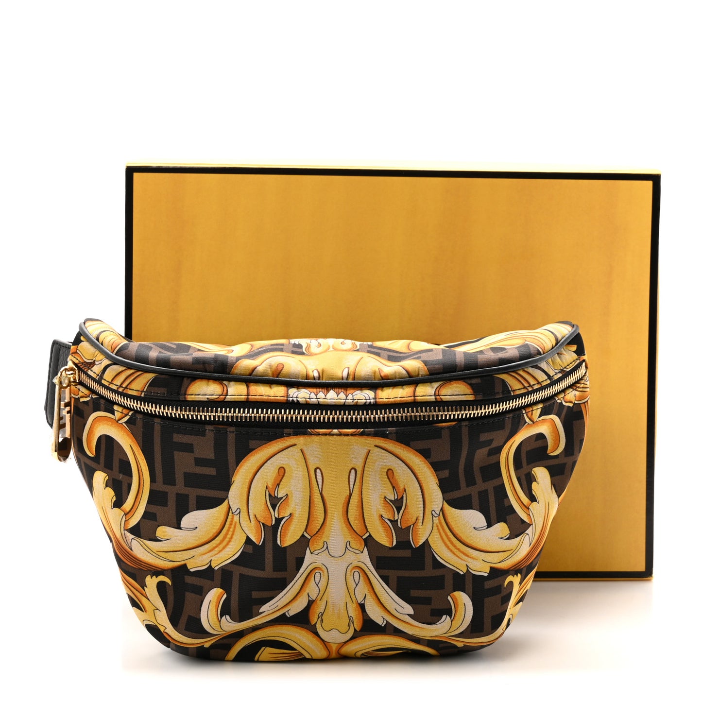X VERSACE Nylon Cuoio Romano Fendace FF Baroque Belt Bag Black Gold