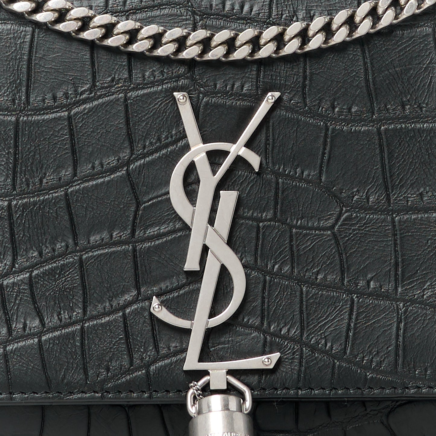 Calfskin Crocodile Embossed Medium Classic Monogram Kate Tassel Satchel Black