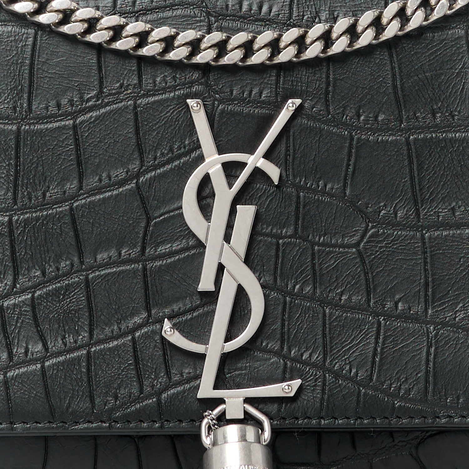 Saint Laurent Calfskin Crocodile Embossed Medium Classic Monogram Kate Tassel Satchel Black 9 of 11
