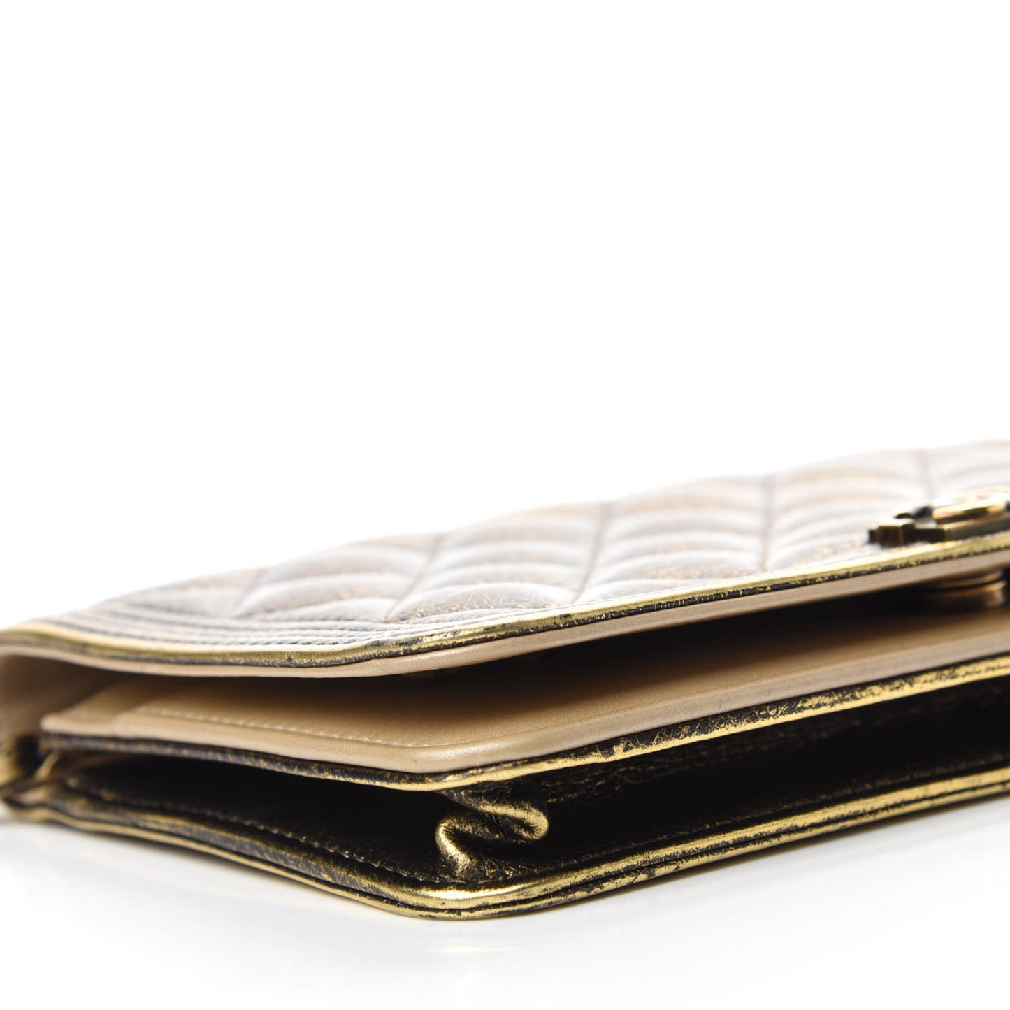 Cracked Metallic Calfskin Quilted Boy Wallet On Chain WOC Gold