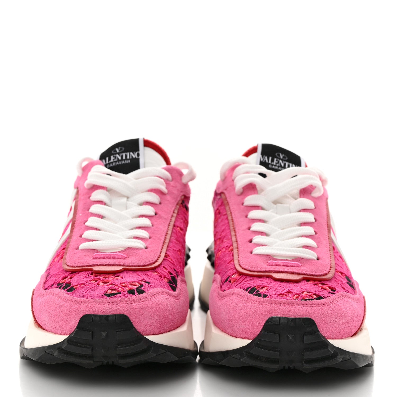 Valentino Garavani Suede Calfskin Lace Mesh Lacerunner Sneakers 39 Shocking Pink Pure Red 2 of 11