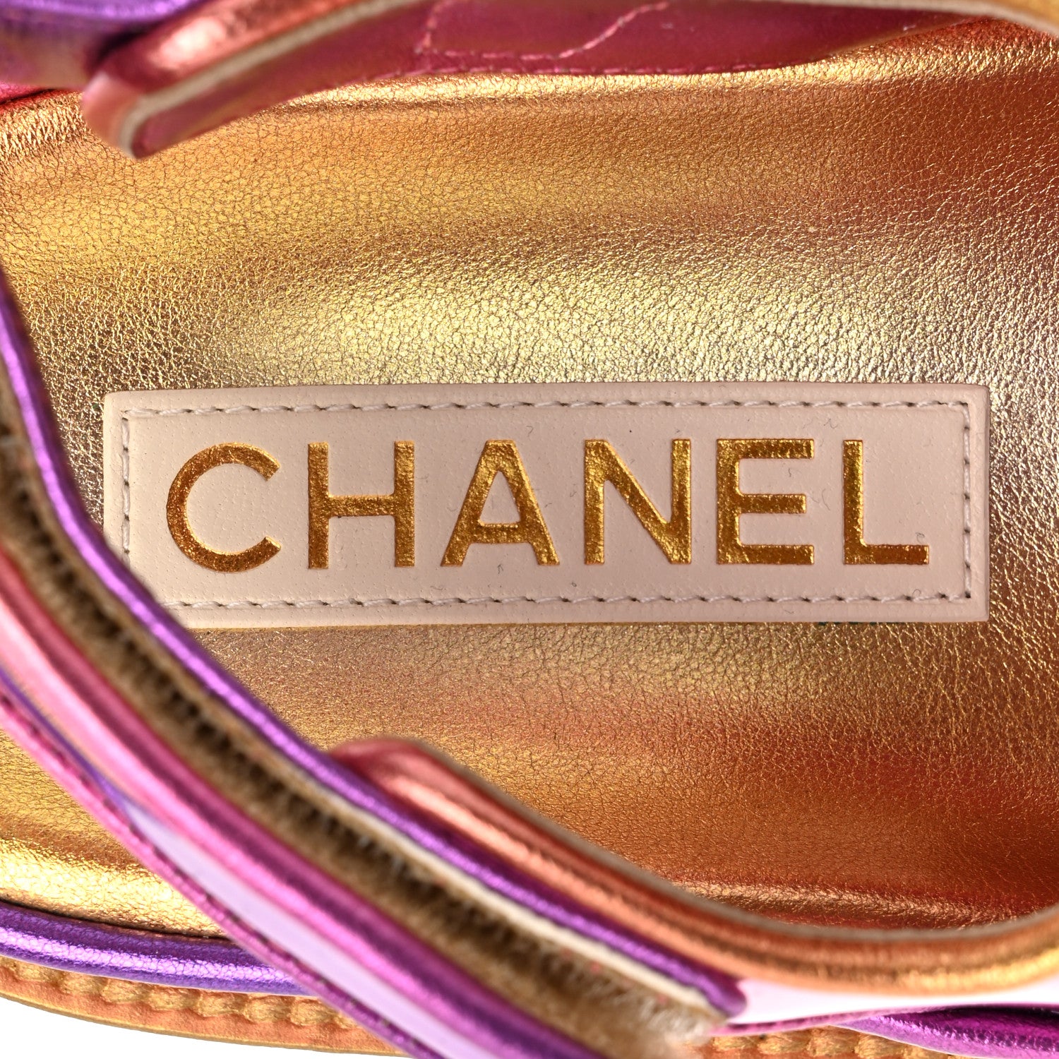 Chanel Metallic Laminated Calfskin Crystal Star CC Velcro Dad Sandals 36 Pink Orange Yellow 8 of 10