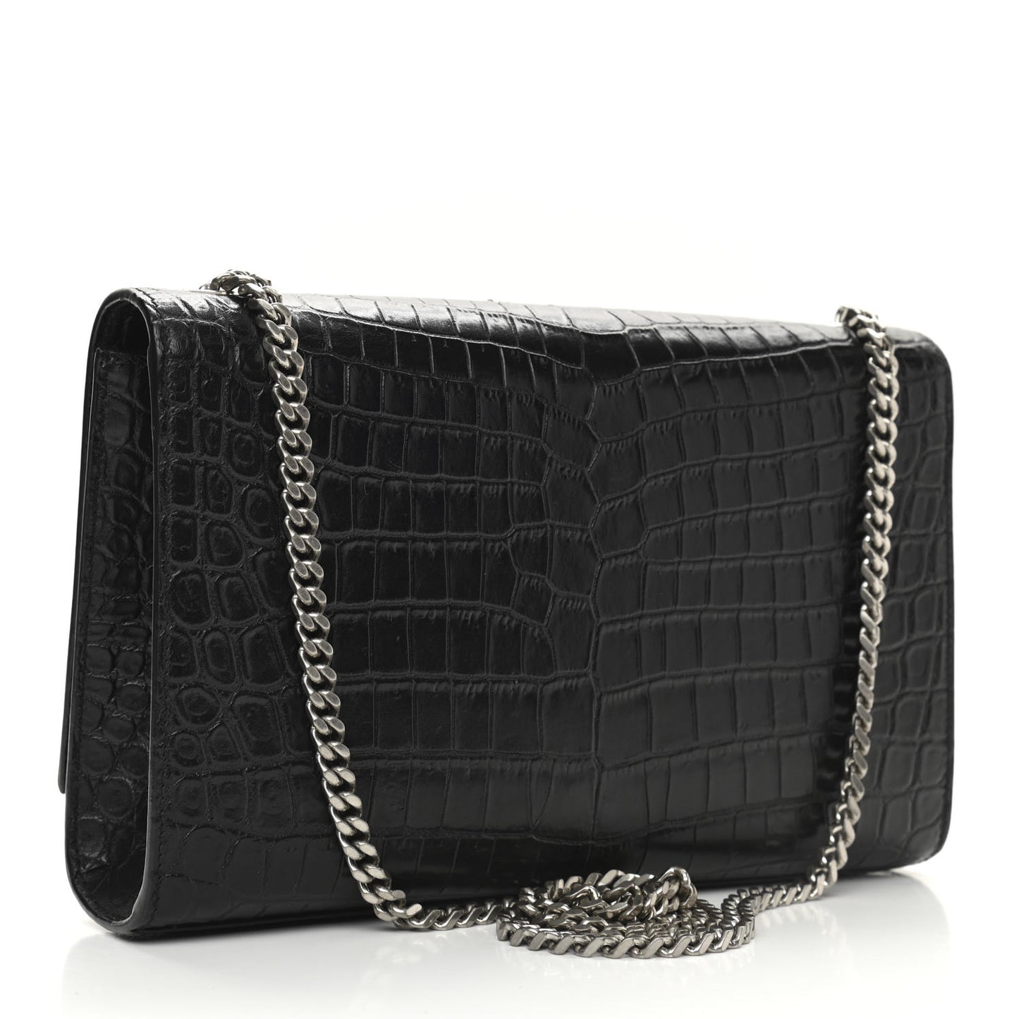 Calfskin Crocodile Embossed Medium Classic Monogram Kate Tassel Satchel Black