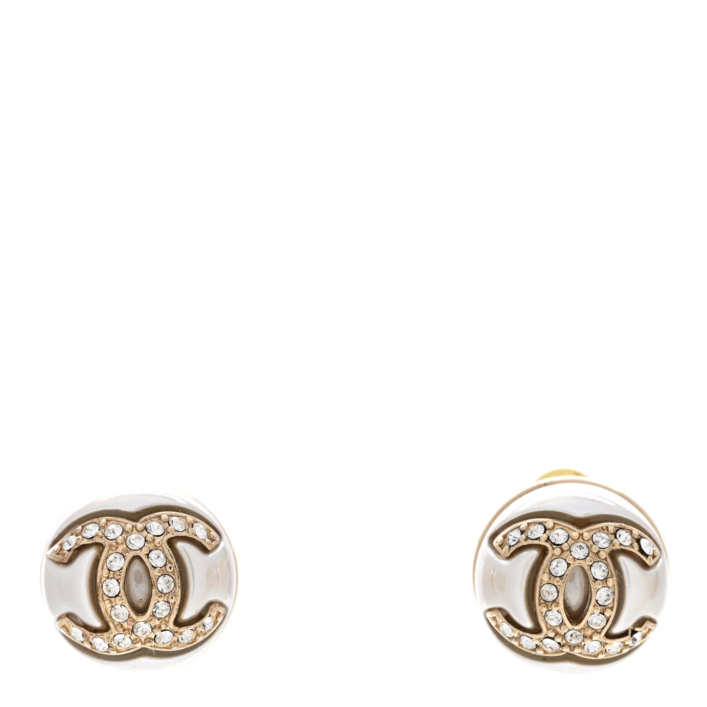 Pearl Crystal Metal CC Round Earrings Gold