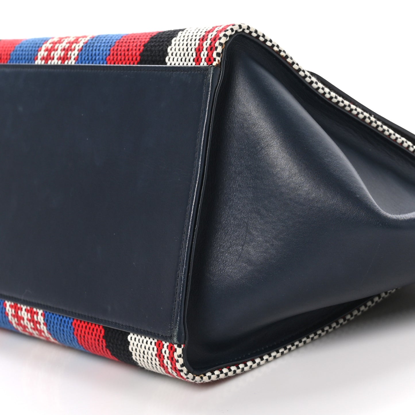 Smooth Calfskin Striped Canvas Small Trapeze Navy Blue