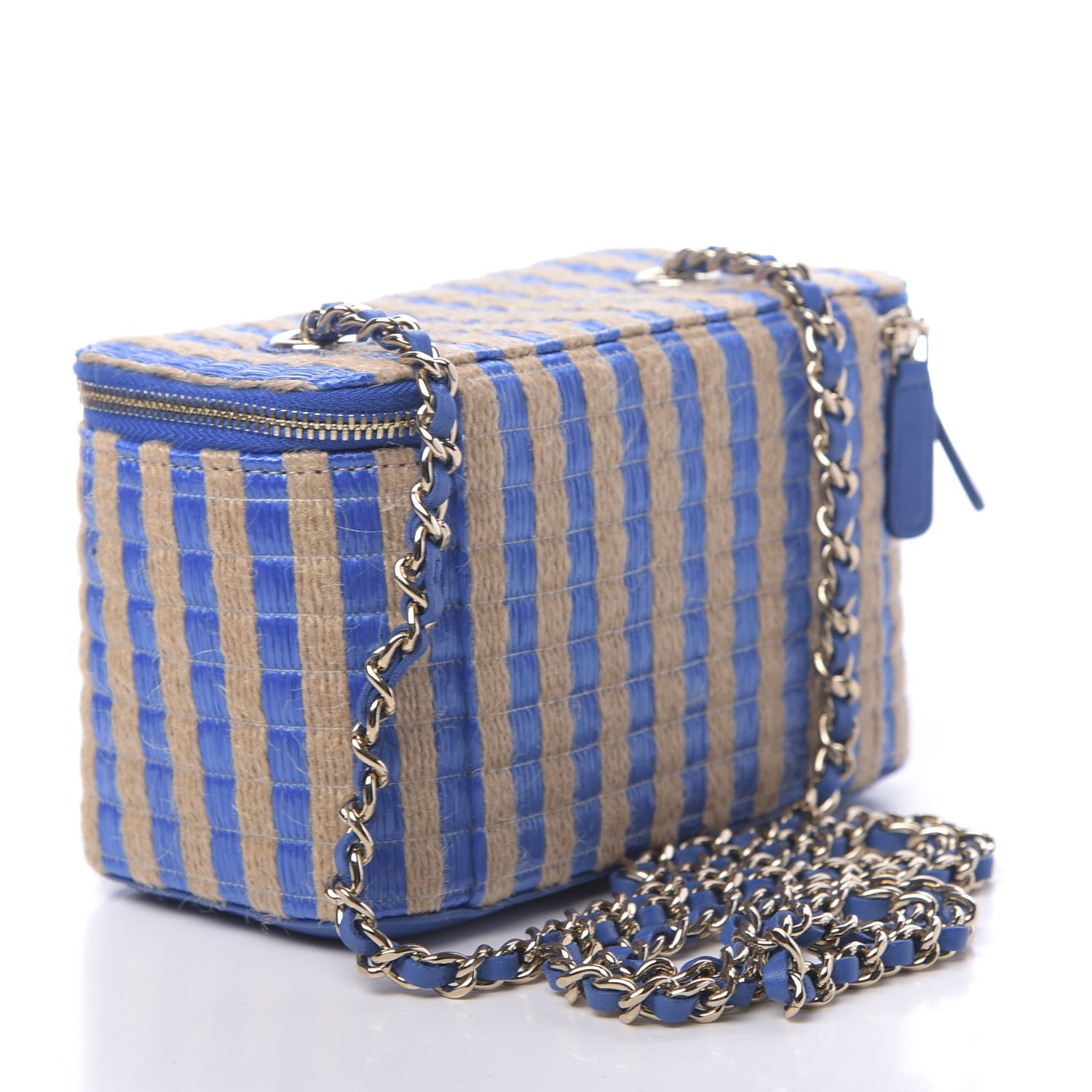 Chanel Raffia Jute Striped Small Vanity Case With Chain Blue Beige 3 of 11