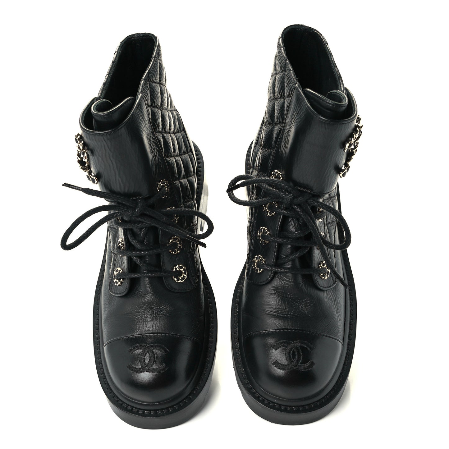 Lambskin Calfskin Quilted Lace Up Combat Boots 35.5 Black