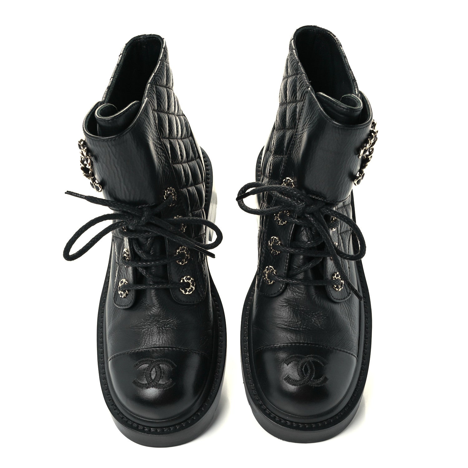 Chanel Lambskin Calfskin Quilted Lace Up Combat Boots 35.5 Black 5 of 13