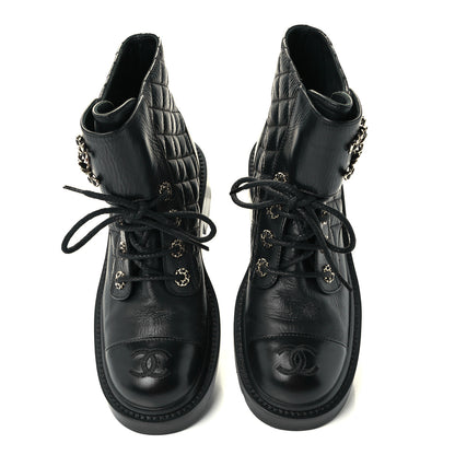 Chanel Lambskin Calfskin Quilted Lace Up Combat Boots 35.5 Black 5 of 13