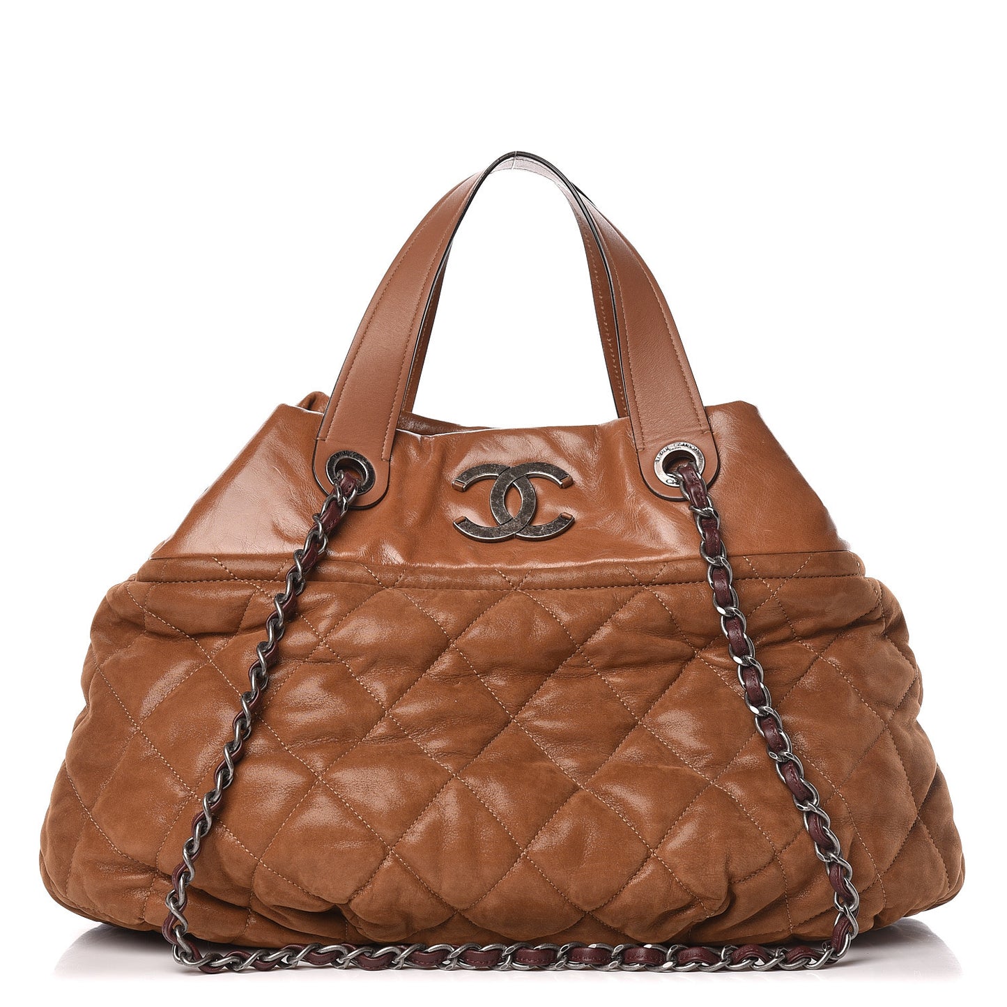 Iridescent Calfskin Quilted Large In The Mix Tote Light Brown