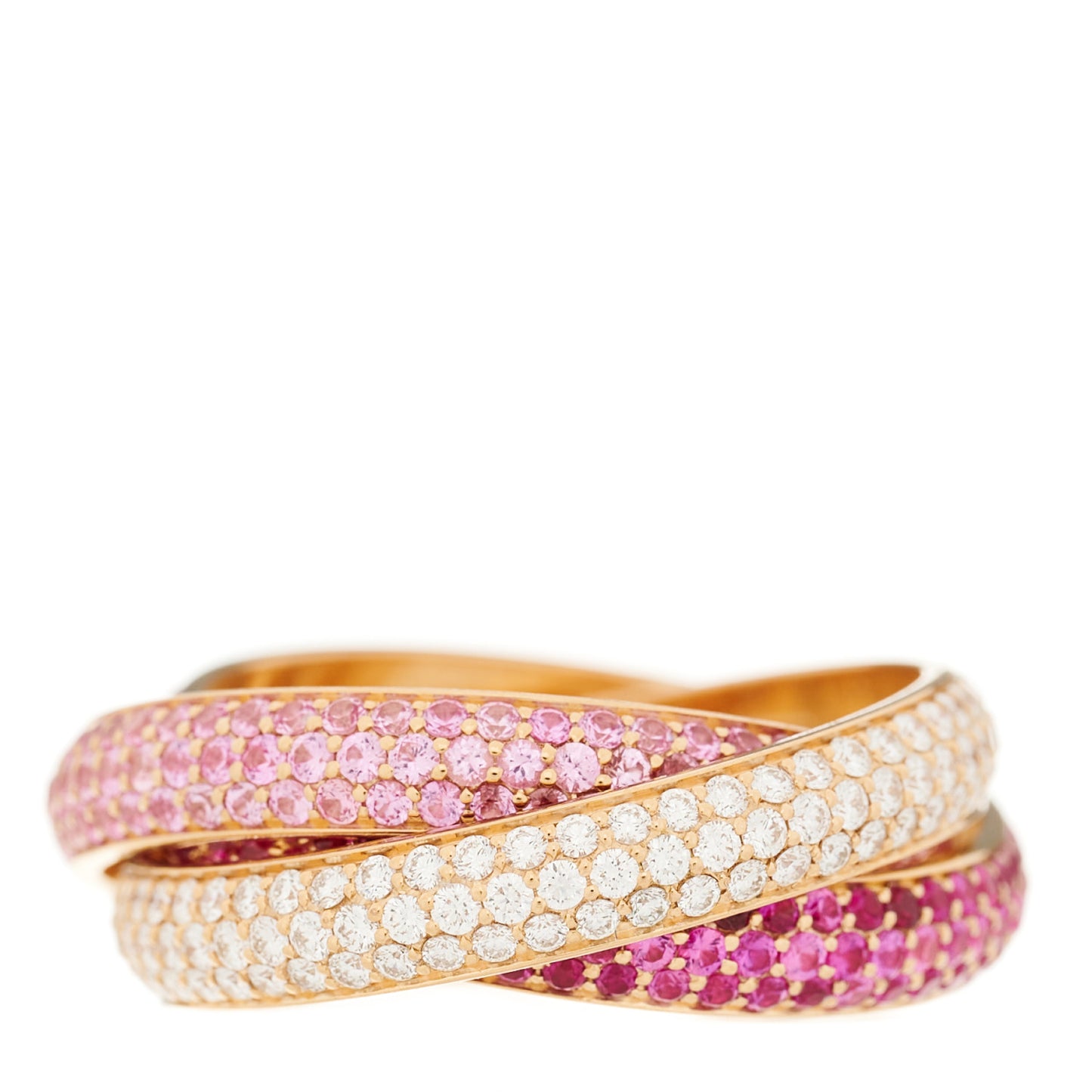 18K Pink Gold Diamond Pink Sapphire Trinity Full Paved Ring 58 8.25