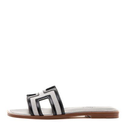Hermes Calfskin Canvas Oran Sandals 37 Black 1 of 8