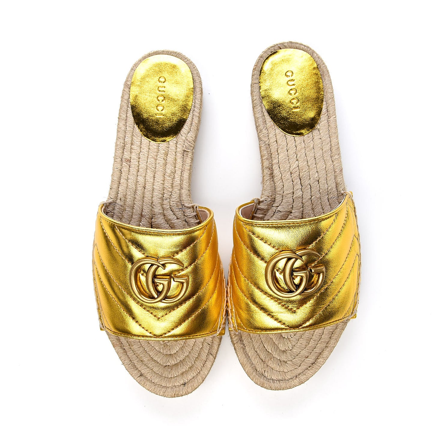 Metallic Nappa Matelasse GG Marmont Espadrille Slide Sandals 38.5 Oro