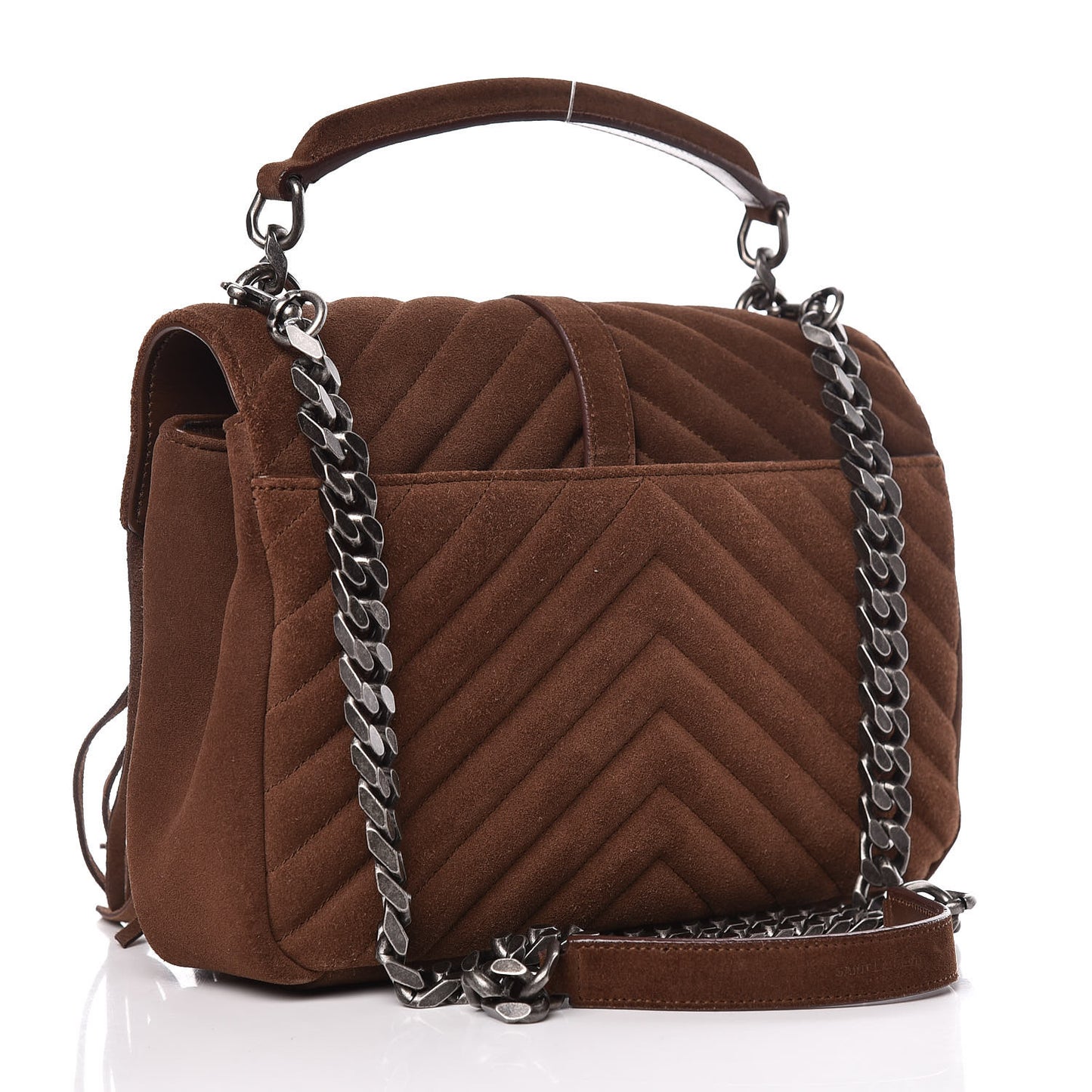 Suede Matelasse Chevron Fringe Monogram Medium College Bag Marron Clair