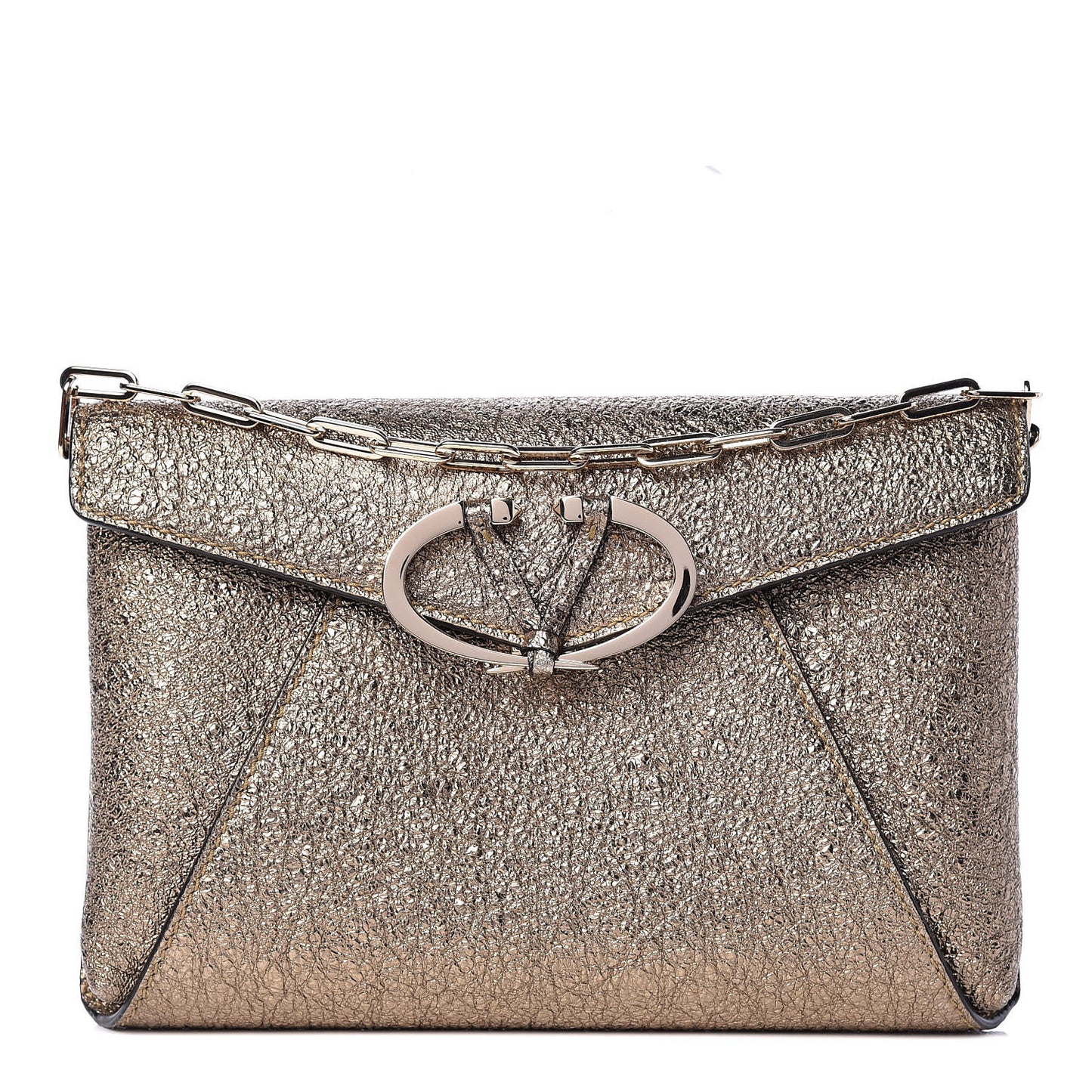 Metallic Calfskin V Rivet Chain Clutch Platinum