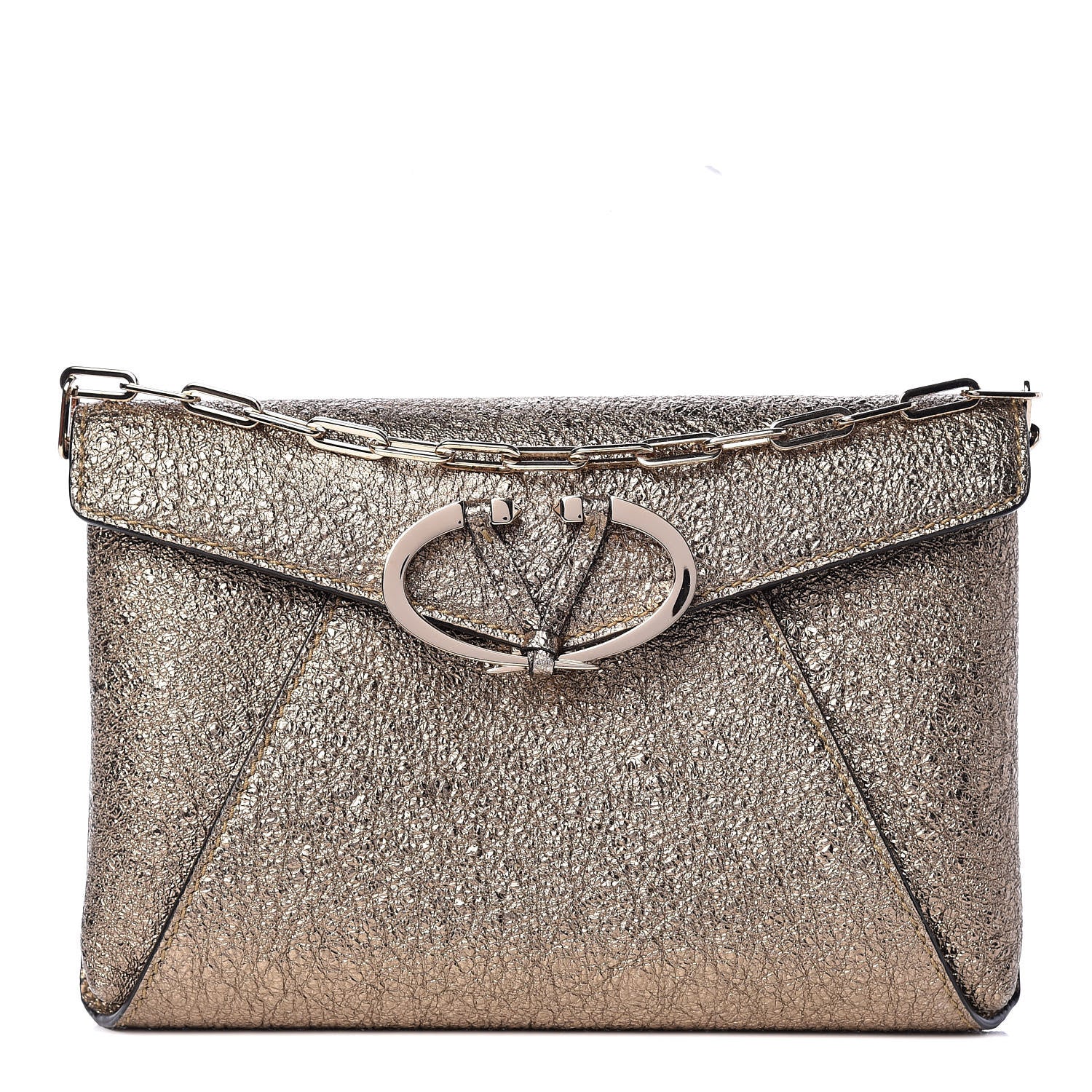 Valentino Garavani Metallic Calfskin V Rivet Chain Clutch Platinum 1 of 8