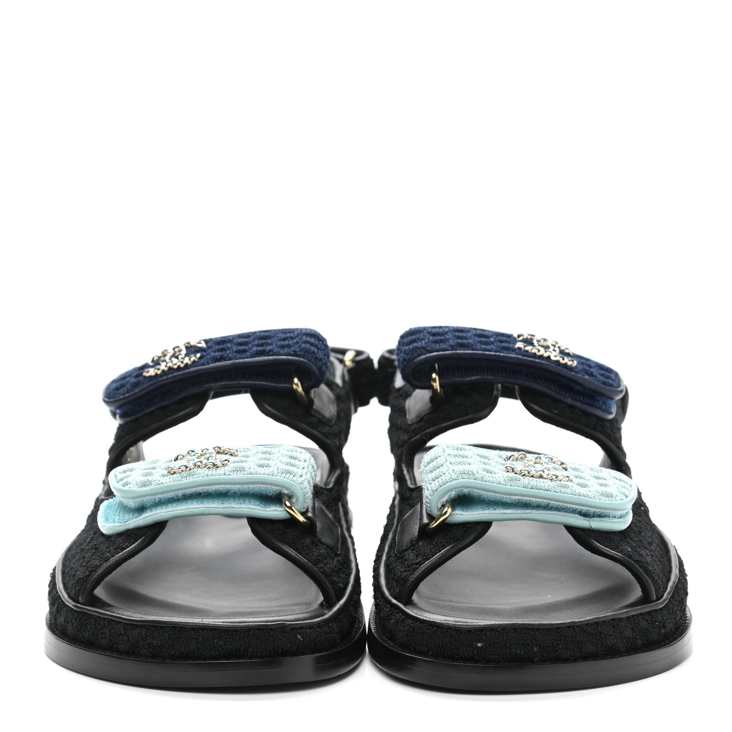 Chanel Knit Fabric Velcro Dad Sandals 37.5 Black Dark Blue Light Blue 2 of 9