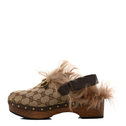 Gucci Monogram Calfskin Fur Horsebit Amstel Slingback Clogs 39 Beige Ebony New Acero Naturale 1 of 7