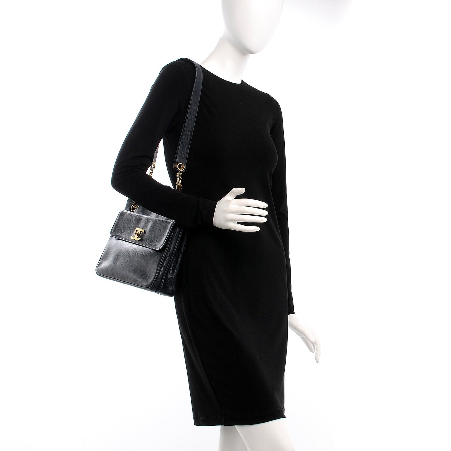 Caviar Flap Shoulder Bag Navy Blue