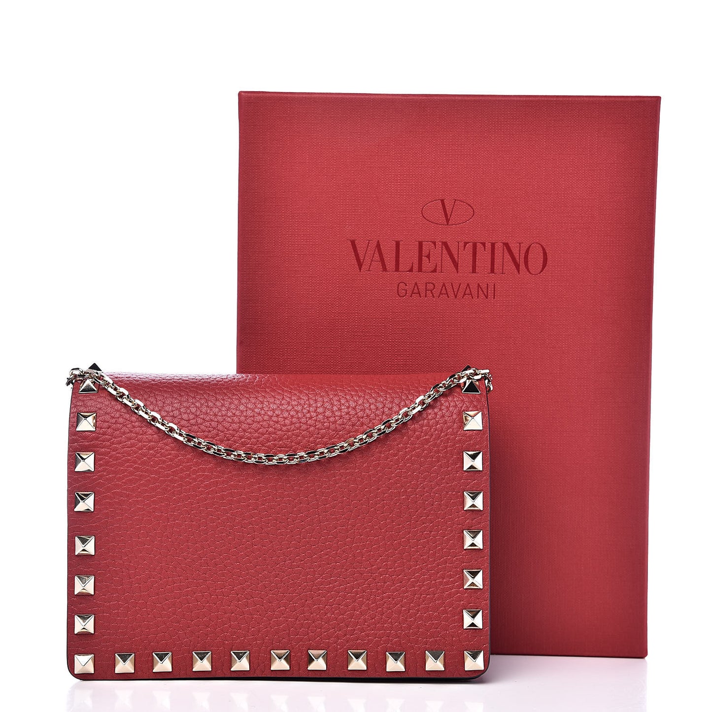 Pebbled Calfskin Rockstud Wallet on Chain Rosso Valentino