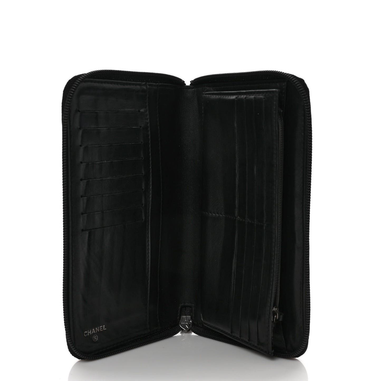 Lambskin Camellia Embossed Zip Around Organizer Wallet Black