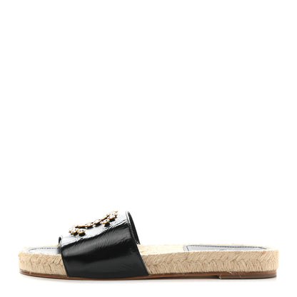 Chanel Patent Calfskin Crystal CC Espadrille Slip On Sandals 37 Black 1 of 9