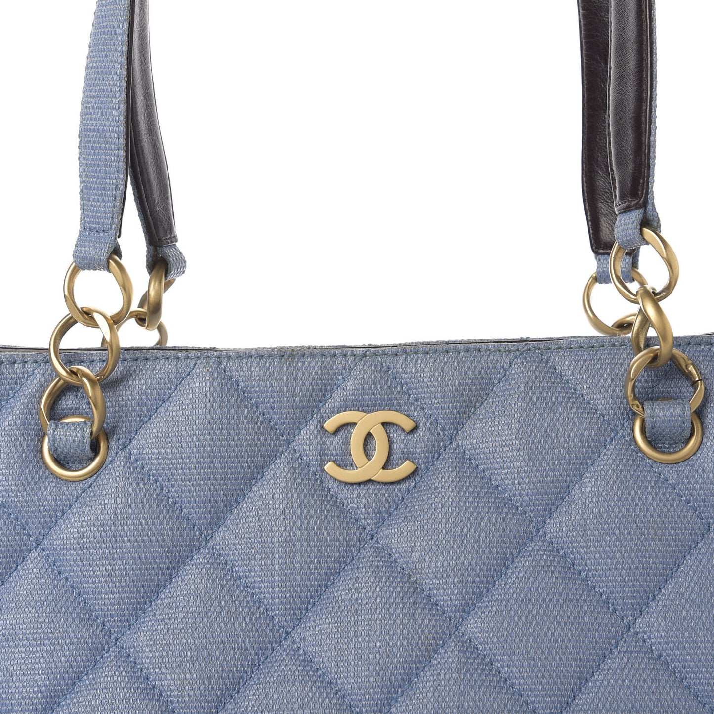 Woven Straw Quilted Shopping Tote Blue