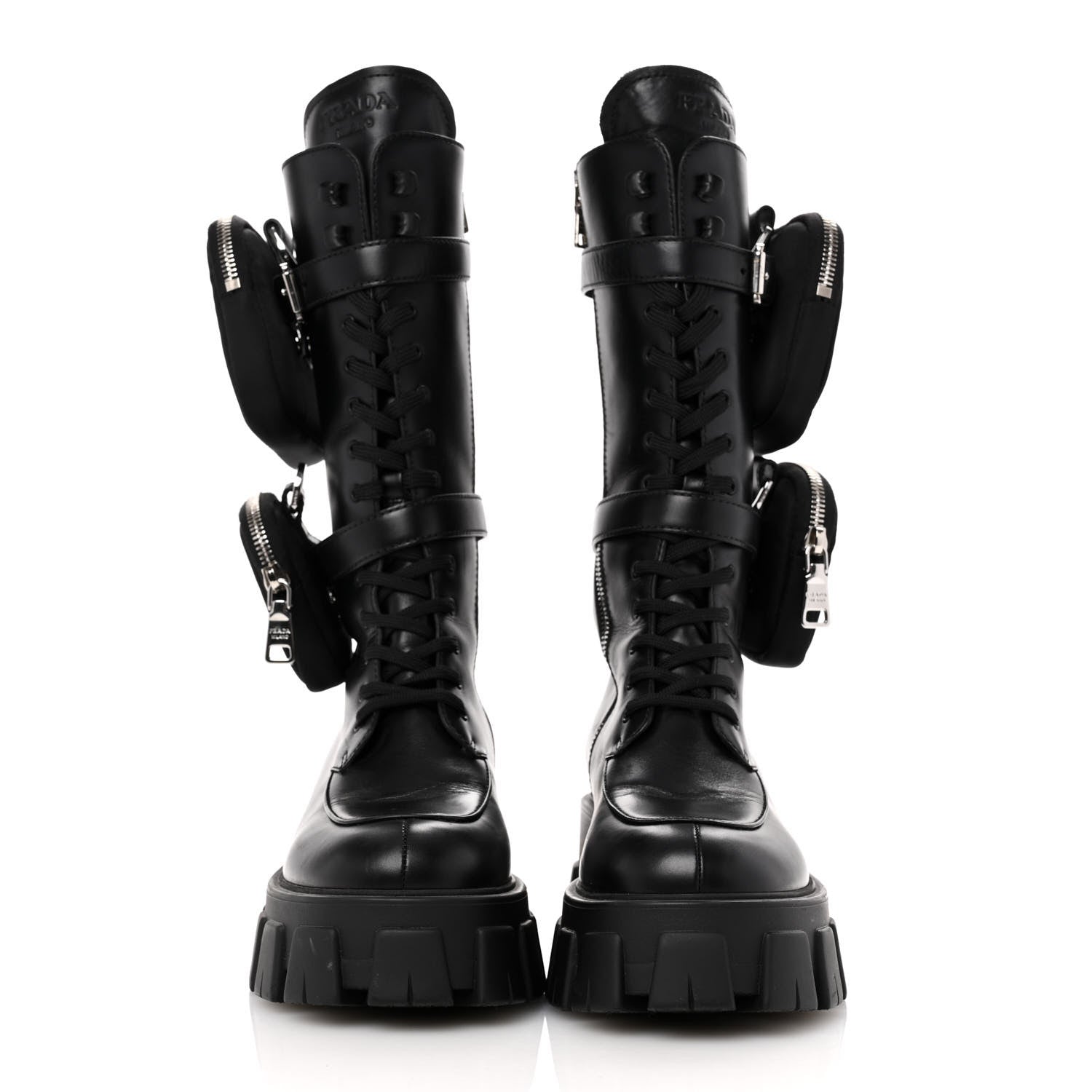 Prada Spazzolato Rois Re-Nylon Metal Triangle Logo Monolith Pouch Pocket 55mm Tall Combat Boots 38.5 Black 3 of 12
