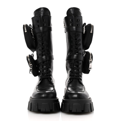 Prada Spazzolato Rois Re-Nylon Metal Triangle Logo Monolith Pouch Pocket 55mm Tall Combat Boots 38.5 Black 3 of 12