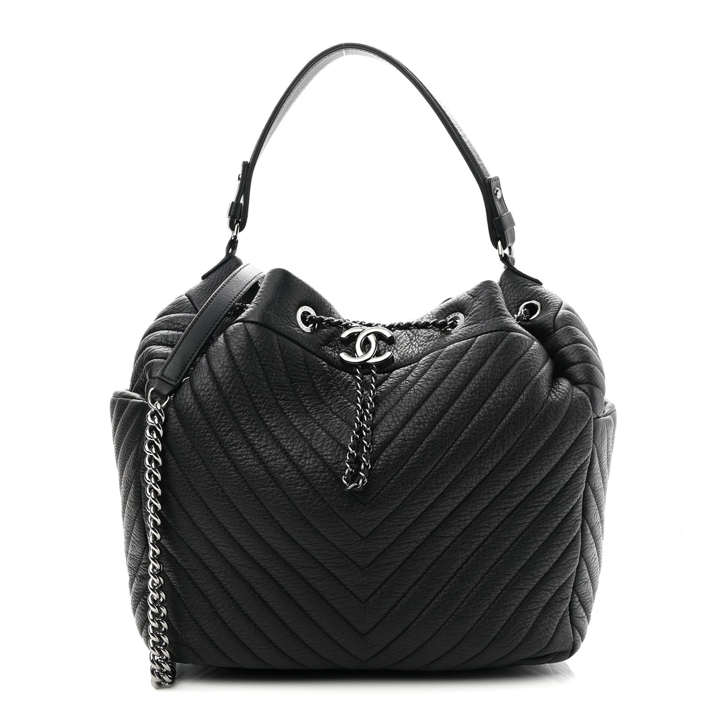 Deerskin Chevron Large CC Chain Bucket Drawstring Bag Black