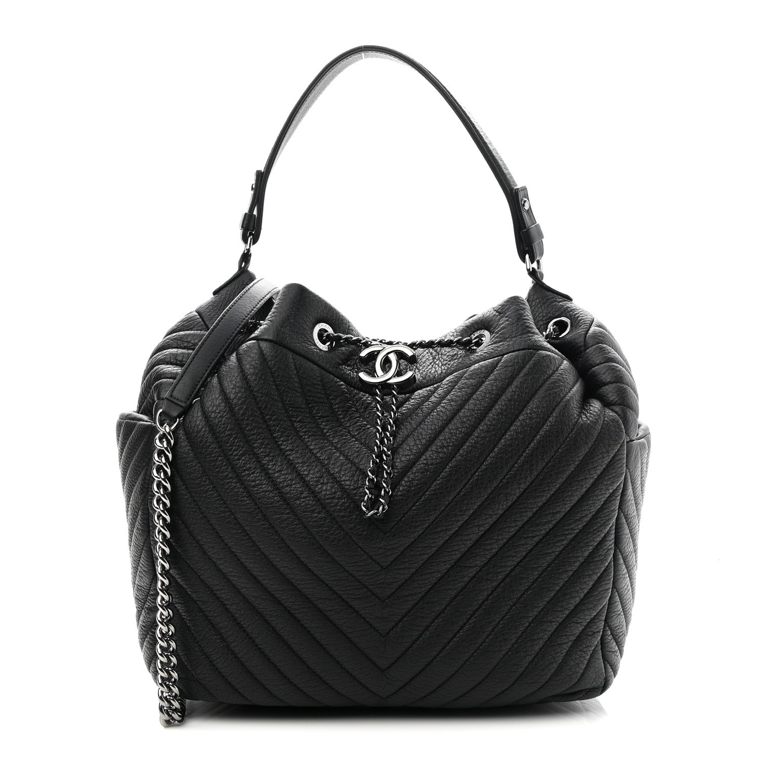 Chanel Deerskin Chevron Large CC Chain Bucket Drawstring Bag Black 1 of 9