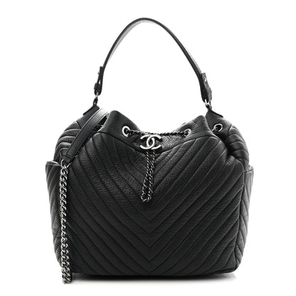 Chanel Deerskin Chevron Large CC Chain Bucket Drawstring Bag Black 1 of 9