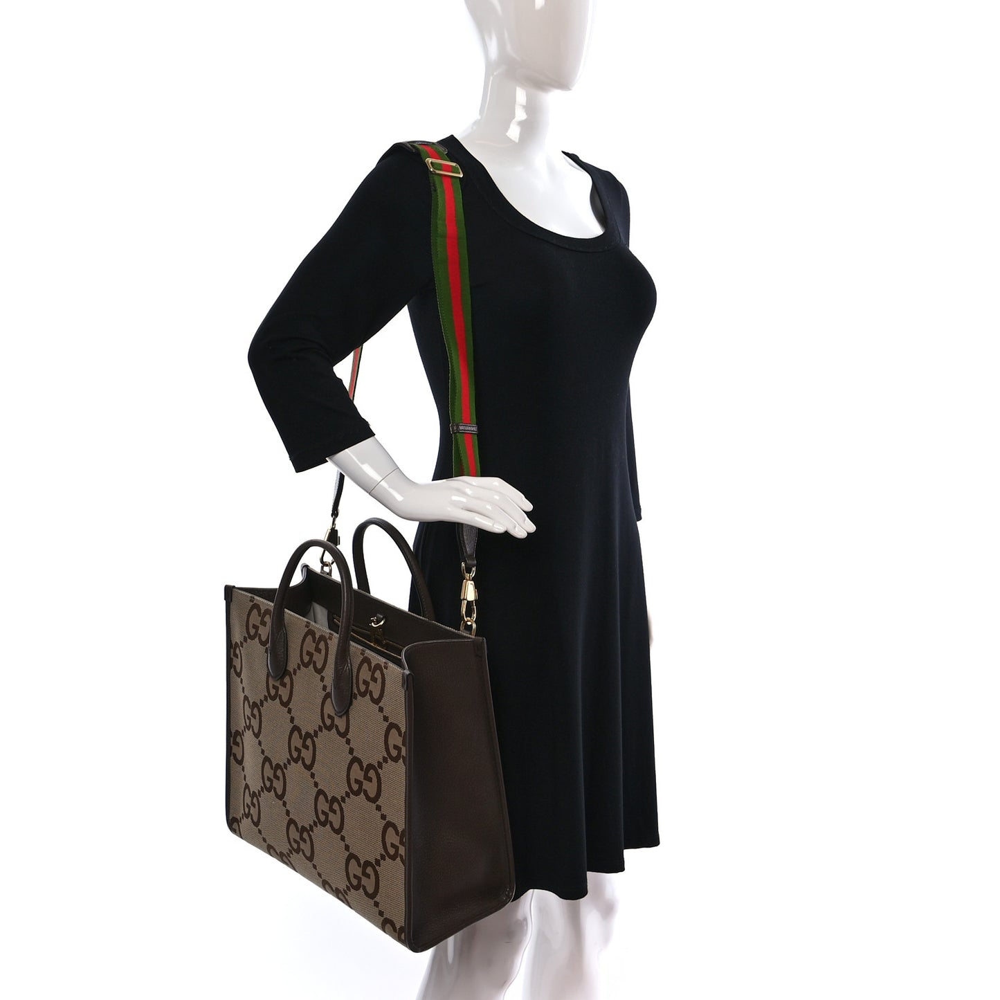 Monogram Jumbo GG Textured Dollar Calfskin Web Tote Bag Camel Ebony New Acero
