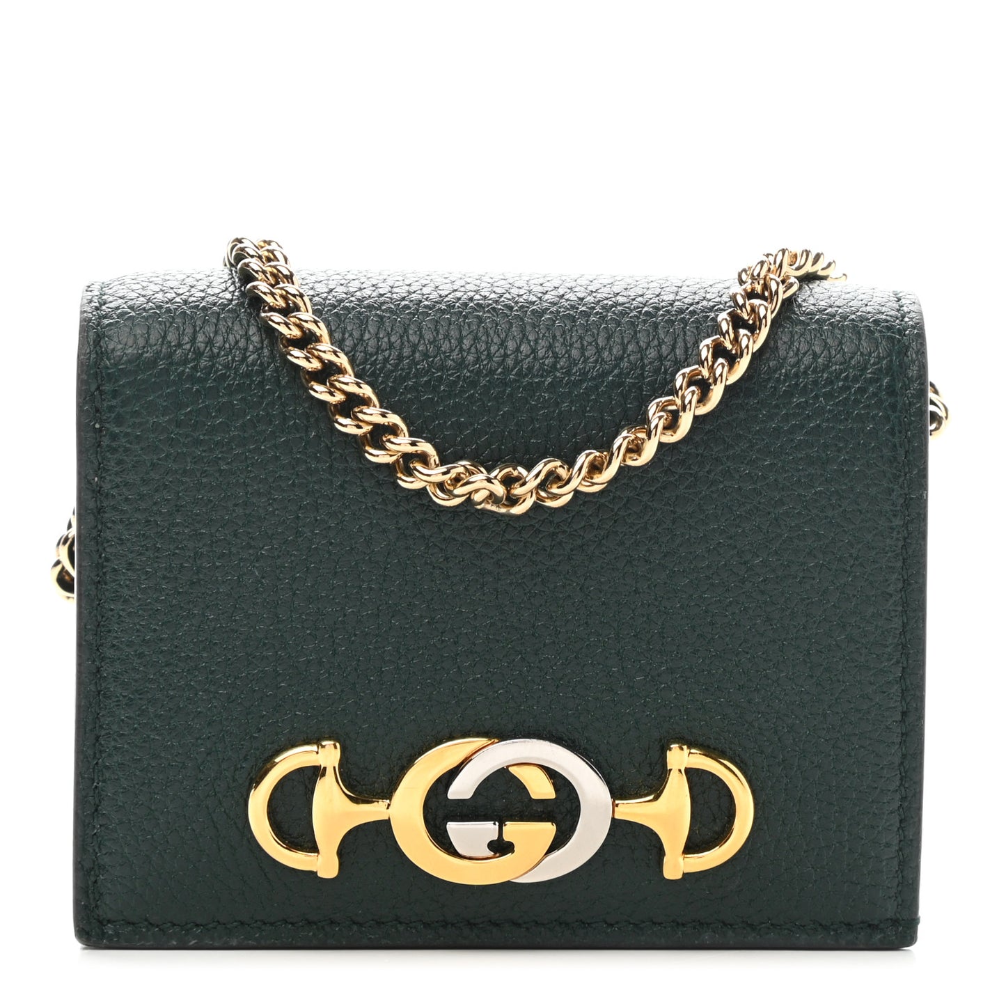 Grainy Calfskin Zumi Chain Card Case Wallet Vintage Green