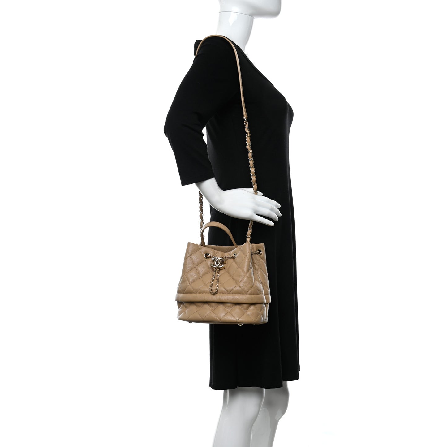 Caviar Quilted Rolled Up Bucket Drawstring Bag Beige