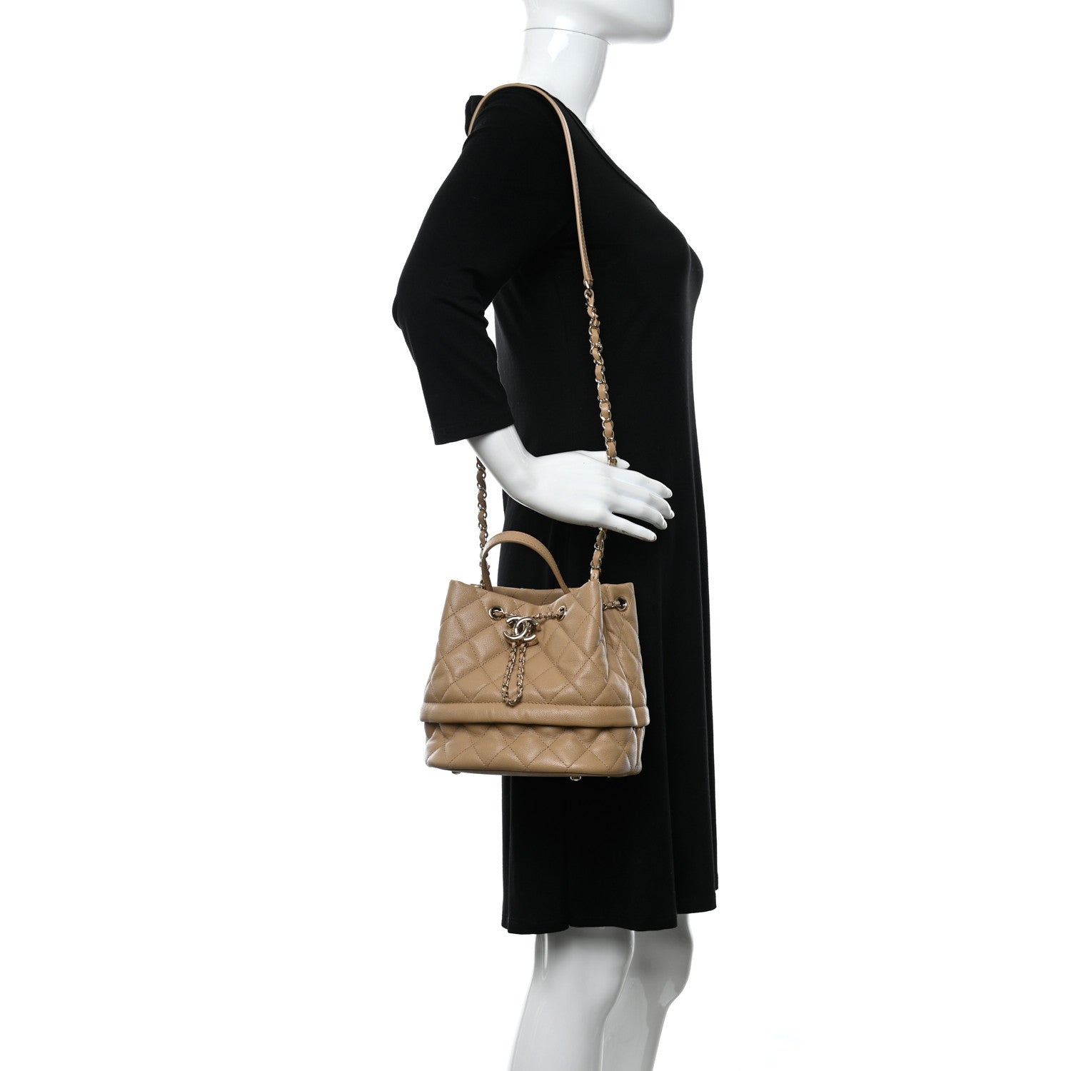 Chanel Caviar Quilted Rolled Up Bucket Drawstring Bag Beige 2 of 10
